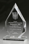 Premio corporativo de cristal en forma de diamante con base de vidrio transparente