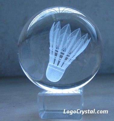 3D Laser Etched Crystal Ball With Shuttlecock Laser Etched Inside