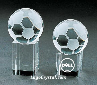 crystal glass soccer award with 3d laser ecthed company logo