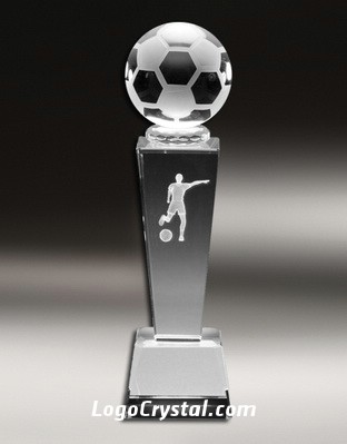 crystal glass soccer award with 3d football player laser ecthed
