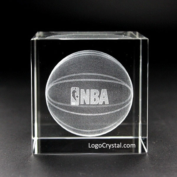 70mm (2.75 inches) Crystal Cube With Custom NBA Logo Laser Etched Inside