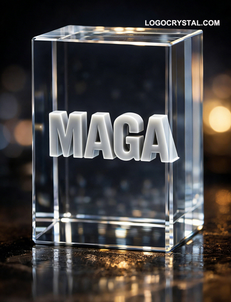 3D laser engraved crystal cube with MAGA Make America Great Again slogan"