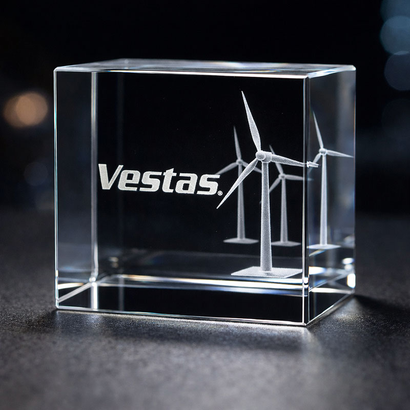 Custom 3D laser crystal for Vestas featuring logo and wind turbine array