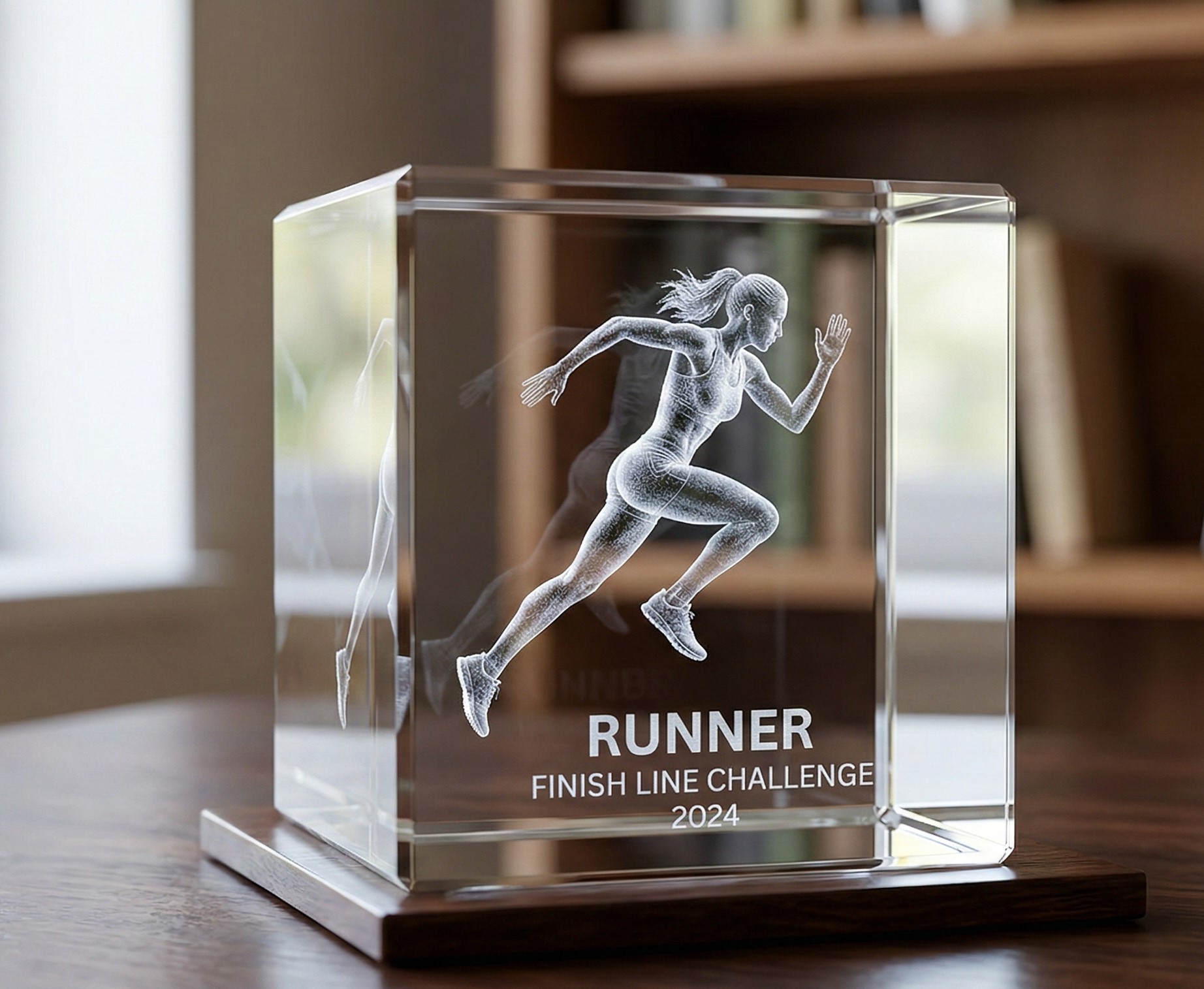 3D laser etched sprinter athlete inside a clear crystal cube block.
