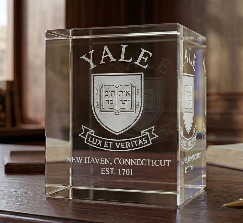 Custom 3D Laser Etched University Crystal Cube with Internal Mascot