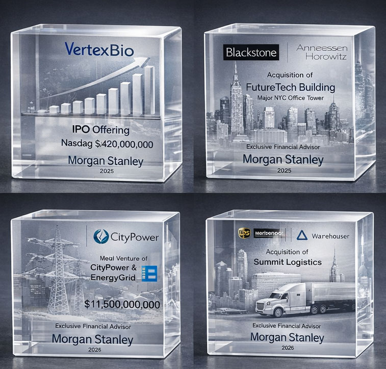 Premium crystal tombstone award for investment banking and financial milestones.