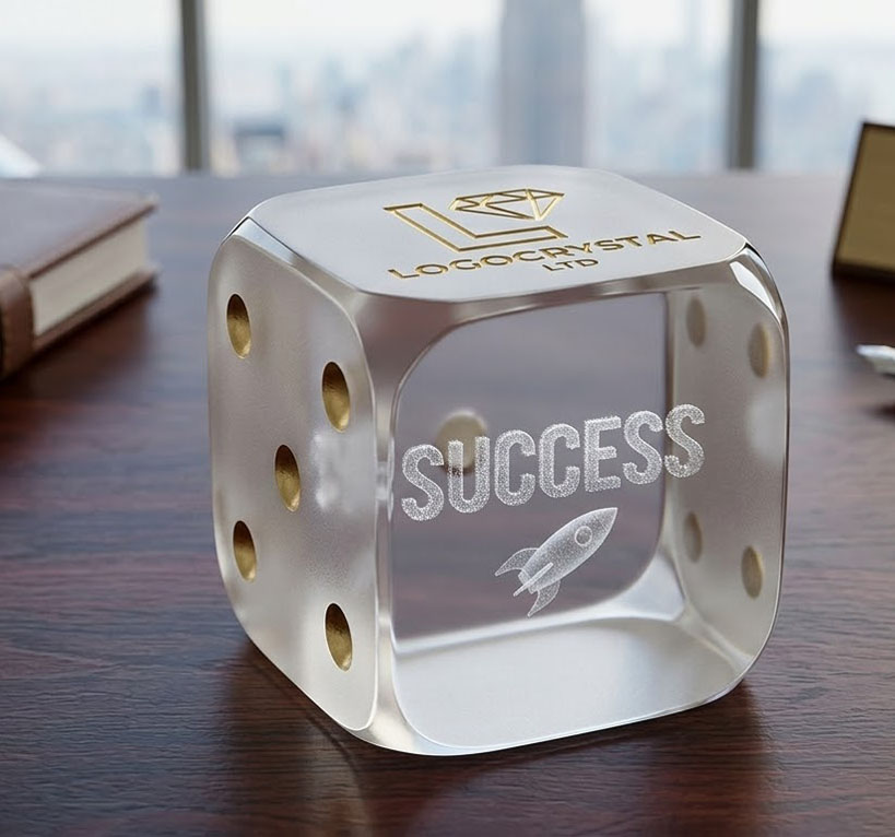 Detailed view of golden corporate logo etched on the frosted surface of a custom crystal dice.
