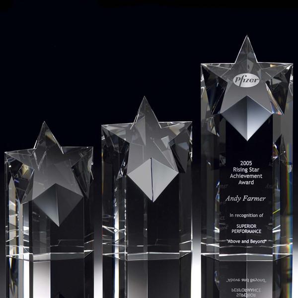 Fünf-Stern-Kristallglas-Trophäen-Auszeichnung, optischer Kristallstern-Säulenpreis, Summit Corporate Crystal Awards, Pentagon-Trophäe für hochwertige Kristallauszeichnung mit Firmenlogo und graviertem Slogan.