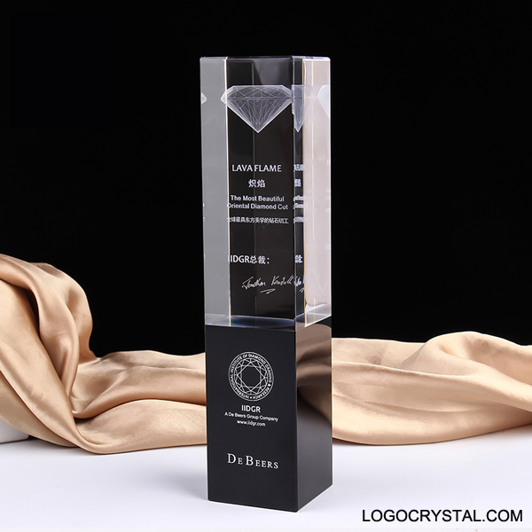 Black Rectangle Tower Crystal Trophy Award With TOP 3D Laser Etched Logo Or Company Design