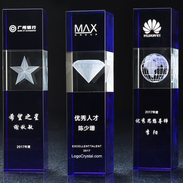 Terrestrial Globe Laser Etched Blue Crystal Award Trophy.