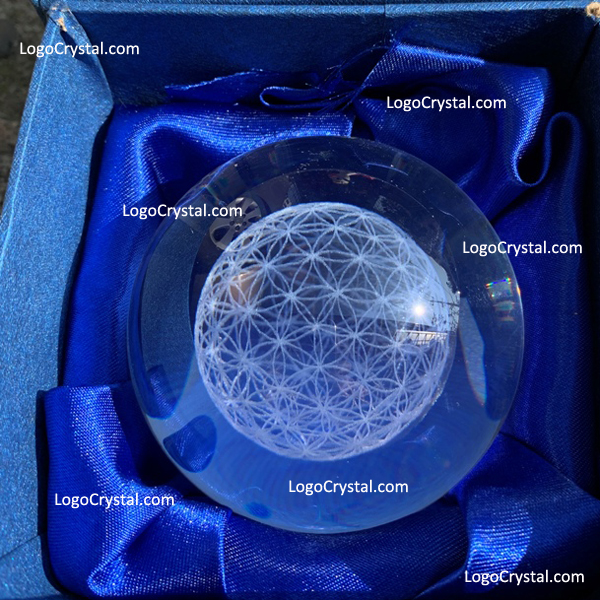 Boule de cristal de fleur de vie, boules en verre optiques avec la fleur de vie de 3D gravée au laser à l'intérieur, le globe de cristal de fleur de vie