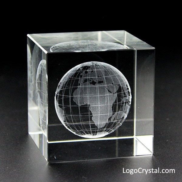 50mm (2 inches) Crystal Cube With 3D World Globe Laser Etched Inside, 5 CM Optical Crystal Glass Cube With 3D Tellurion Laser Engraved Inside
