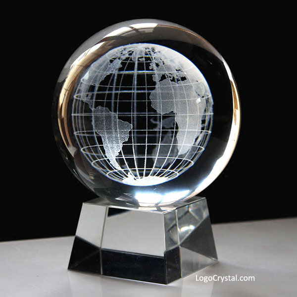80mm (3") 3D Laser Crystal Globe With Trapezoidal Base Support At The Bottom